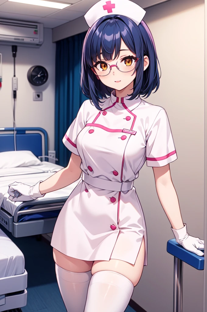 1woman, solo, nurse, white nurse cap, white nurse uniform, ((white legwear, zettai ryouiki)), white gloves, glasses, blue hair, orange eyes, pink lips, no impression, standing, ((hospital room)), sharp outline, short sleeves, mature female, 35 years old, best quality, masterpiece