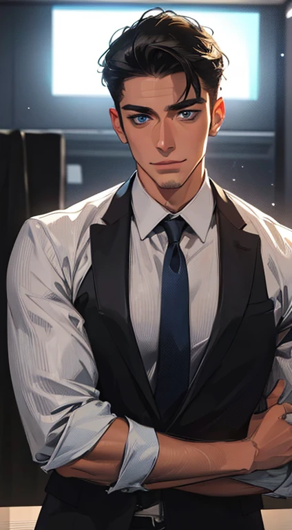 (best quality,4k,8k,highres,masterpiece:1.2),ultra-detailed,(realistic,photorealistic,photo-realistic:1.37),1 man,31 years old,mature man,very handsome,without expression,smile,short grey black hair,blue eyes,penetrating gaze,perfect face without errors,imposing posture,businessman,office background,cinematic lighting,hdr image