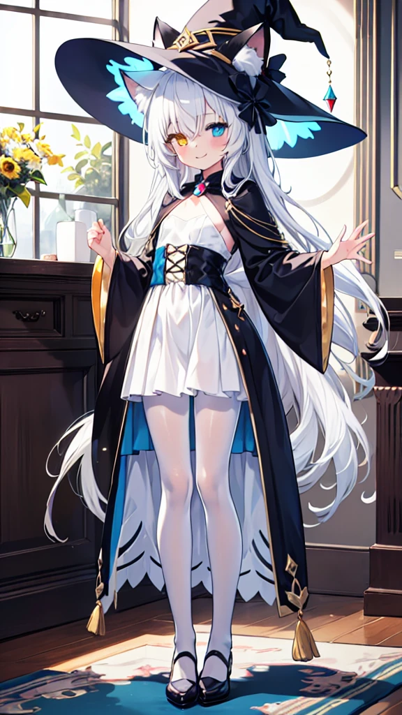 White hair,Cat ear(In the hat),Long hair,Heterochromia(Left blue right yellow),Smile,Female face,There are bright spots in the eyes,Female hands,White little hands,Normal fingers,flat chest,Witch costume,White pantyhose,In the room