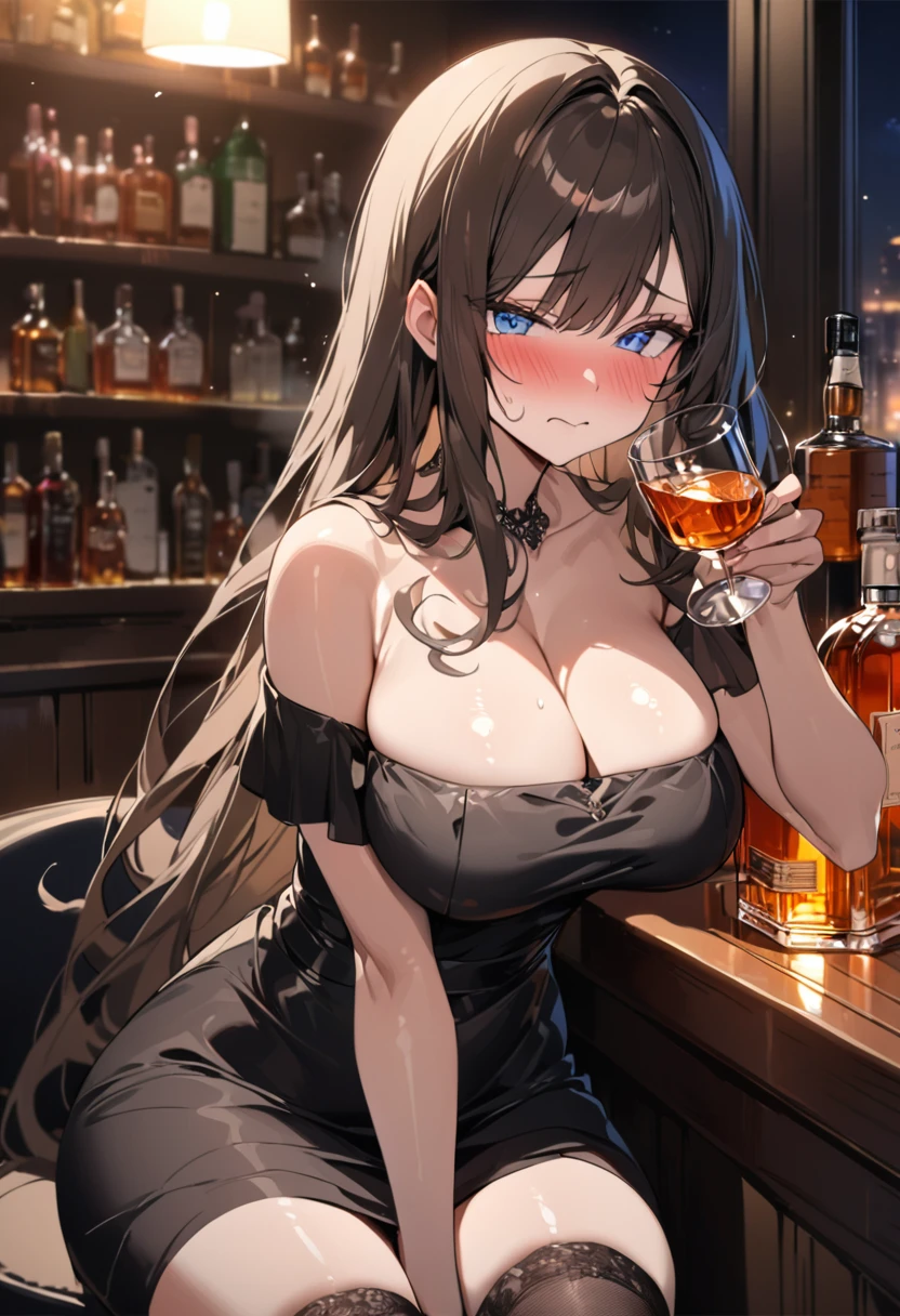 best quality, 4k, high resolution, Masterpiece: 1.2, extremely detailed), sad expression looking at camera, big breasts, 40 year old girl, solo, brunette, fluffy long hair, blue eyes, (drunk, blushing), (sitting, drinking), ((mature sexy body)), black stockings, black off-shoulder dress, holding a glass, counter, bar, (fashionable bar) interior, ((cocktail glass) filled with colorful liquor), (dimly lit room), wine bottle, detailed background, (((night background)))), (((in the bar))), wine, whiskey, highball, (shiny light, effects: 1.2)