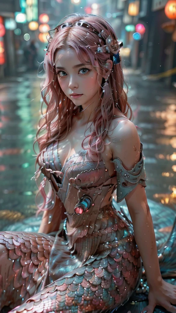 Ultra-detailed, master piece, best quality, high resolution, beautiful eyes, detailed eyes, detailed face, (super realistic photorealistic image:1.5), (cute and beautiful face, pink wavy hair, soft and light blue eyes that exude warmth and tenderness, tight body, covered with fish scales to emphasize her mermaid status, large and graceful fish tail in place of legs, which are also covered with scales and fused with cyberpunk electronics and tubes, elegantly dressed in a revealing kimono with traditional Japanese patterns:1.5) The lighting, colors, and mood of the scene are powerful and cinematic, with the beautiful seaside scenery and the soft glow of the city lights creating a magical atmosphere. The design and details are ultra-clear and detailed, emphasizing the mermaid-like appearance with prominent fish tails, shimmering skin scales, and cyborg elements, and the images are of the highest quality and ultra-realistic photography.