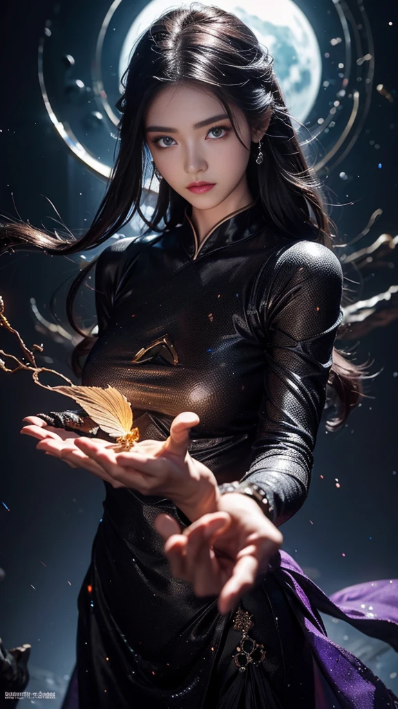 Full figure, seven -clinging shooting, 18 years old, wearing firefly clothes, exquisite faces, details, hands, ultimate details, amazing magnificence, Pedaipan style, fiber hair, glowing black iris, glowing black iris,