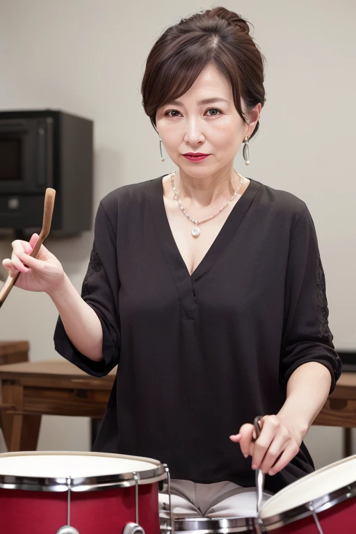 Beautiful mature Japanese woman aged 55, Nymphomaniac, Long eyelashes, Low Ponytail, Red lipstick, Pearl Necklace, Earrings, Dark eyeshadow, Cleavage, Playing the drums, drummer, sexy,