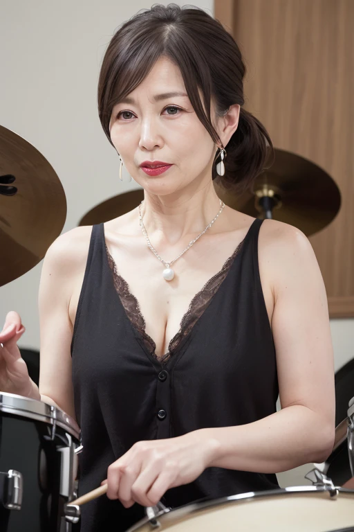 Beautiful mature Japanese woman aged 55, Nymphomaniac, Long eyelashes, Low Ponytail, Red lipstick, Pearl Necklace, Earrings, Dark eyeshadow, Cleavage, Playing the drums, drummer, sexy, 