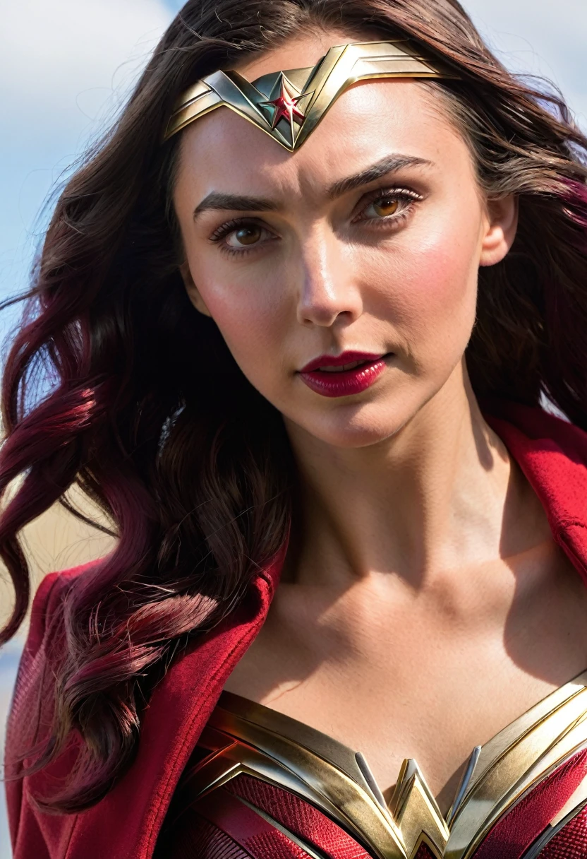 Extreme close-up GAL Gadot under the mantle of the Amazon warrior Wonder Woman Costume (((scarlet witch))),(((Diaema Wonder Woman Traje (((scarlet witch))),(((Diaema Wonder Woman)))