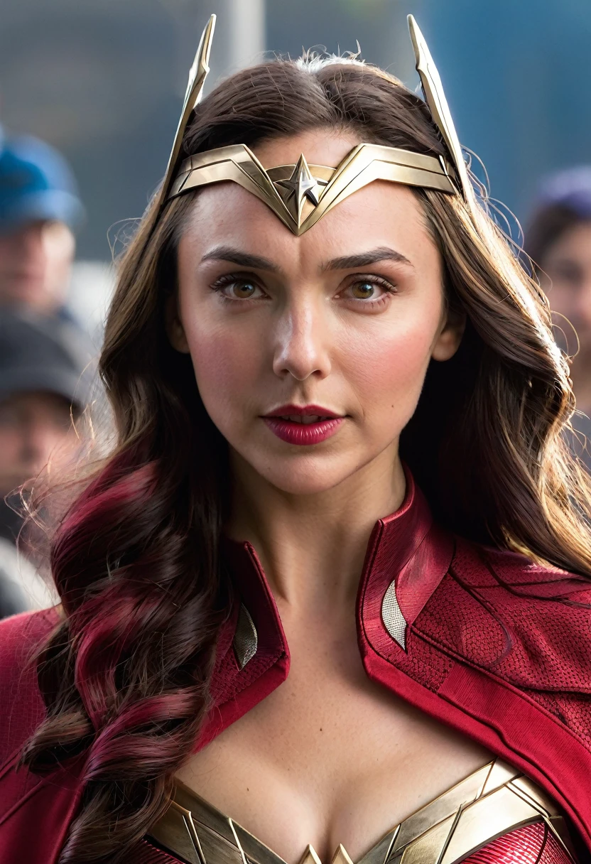 Extreme close-up GAL Gadot under the mantle of the Amazon warrior Wonder Woman Costume (((scarlet witch))),(((Diaema Wonder Woman Traje (((scarlet witch))),(((Diaema Wonder Woman)))