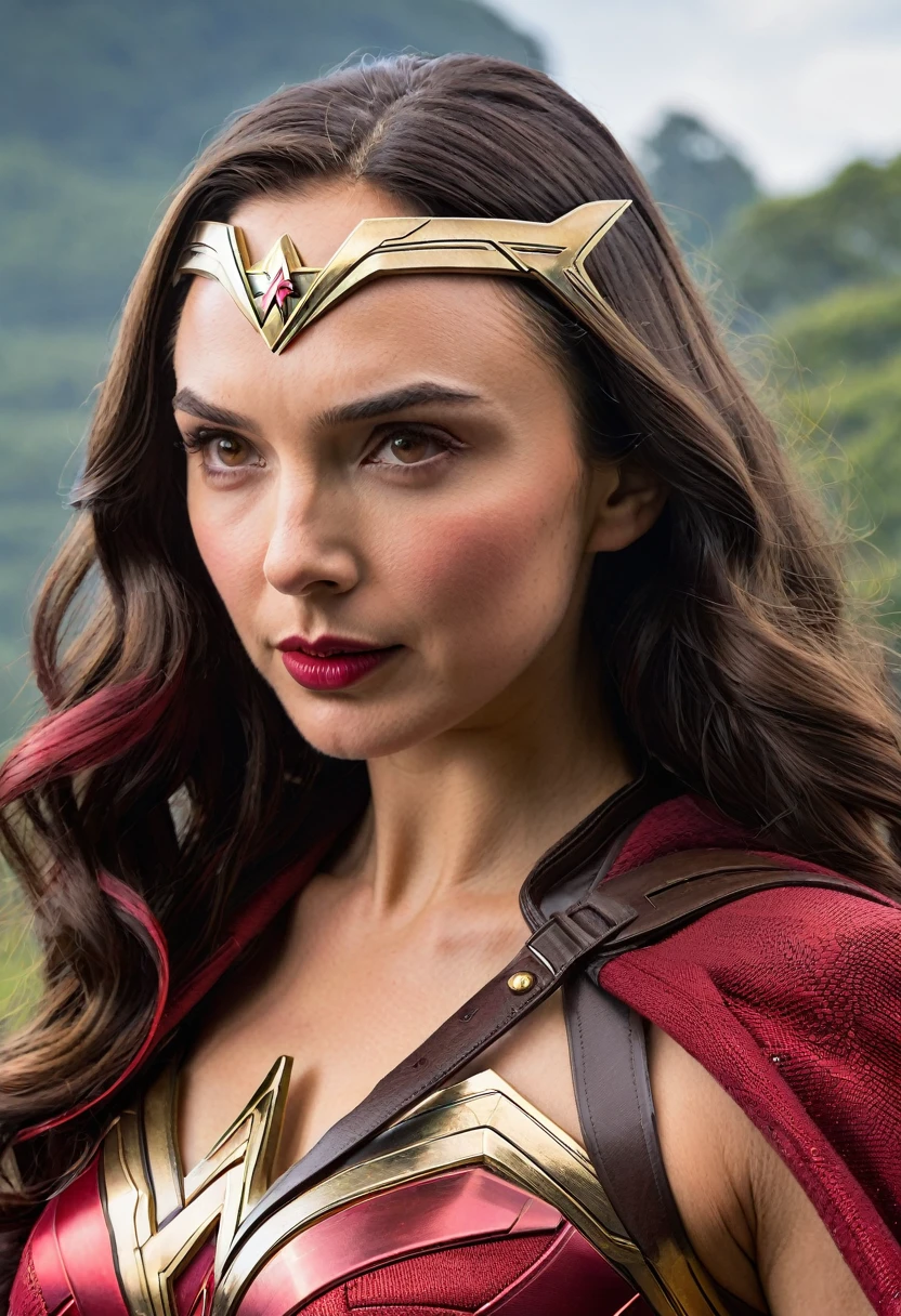 Extreme close-up GAL Gadot under the mantle of the Amazon warrior Wonder Woman Costume (((scarlet witch))),(((Diaema Wonder Woman Traje (((scarlet witch))),(((Diaema Wonder Woman)))