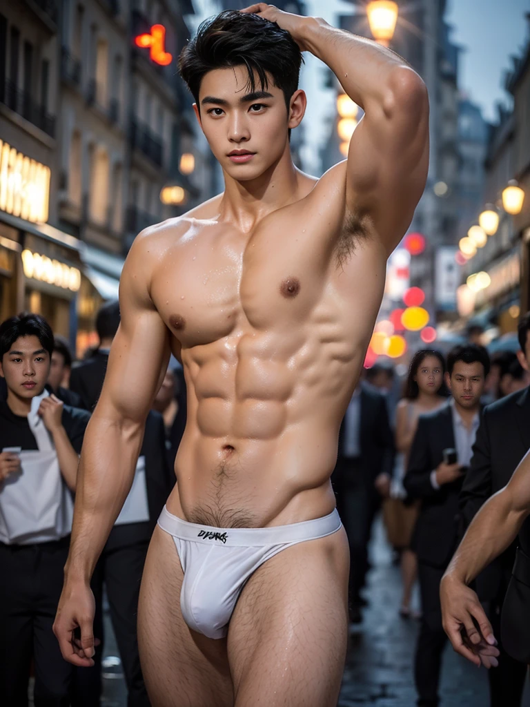 Full body, Sheer Transparent thong, very hairless armpits, Very crowded street, Topless, shirtless, boy, very young boy, Cinematic soft lighting illuminates a stunningly detailed and ultra-realistic handsome Chinese male supermodel, ultra short messy curly hair, clear honey eyes, captivating perfect smile, sensual, hot man, insanely handsome, showing off his sweaty body, sixpack muscular body build, slender, toned, full body, 8k, photography, masterpiece, detailed face, detailed eyes, detailed hands, in the Paris street, beautiful night scenery in Paris, hairy armpits, only wearing very thin micro white thong, very wet body, very sweaty body, Paris background, paris scenery