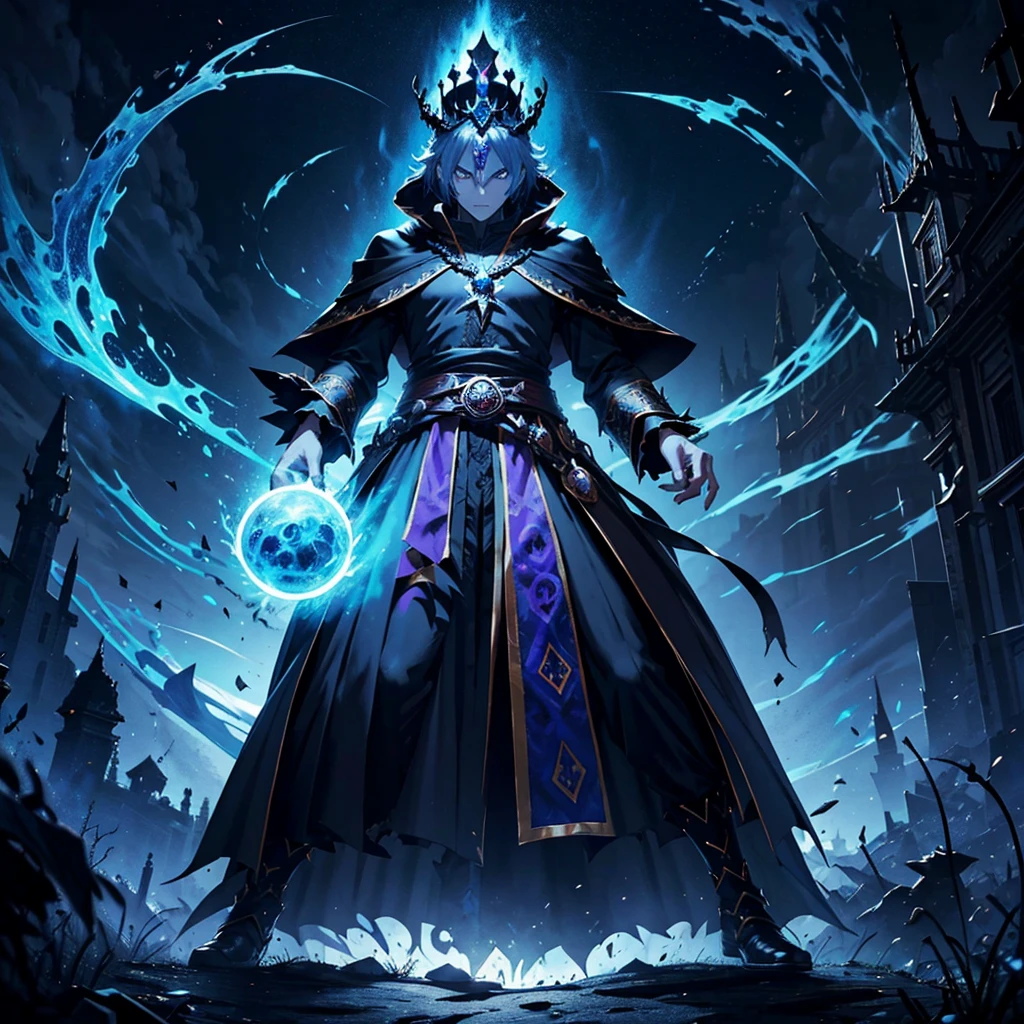 dark mage king with a crown, dark magic aura, monstruous king, magic crown, dark shrink background, tremendous malicious aura, dinamic art, full body art, action pose, full body pose