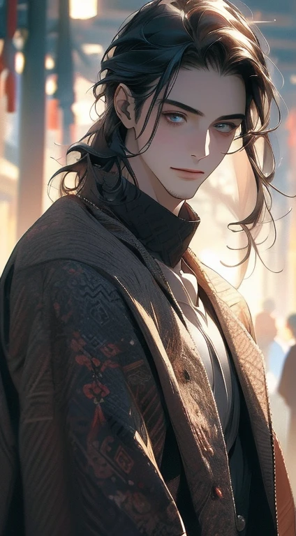 (best quality,4k,8k,highres,masterpiece:1.2),ultra-detailed,(realistic,photorealistic,photo-realistic:1.37),1 man,31 years old,mature man,very handsome,without expression,smile,short grey black hair,blue eyes,penetrating gaze,perfect face without errors,imposing posture,businessman,office background,cinematic lighting,hdr image