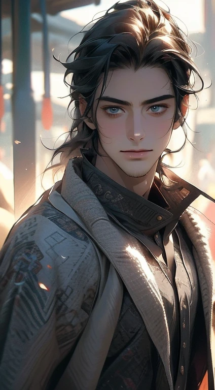 (best quality,4k,8k,highres,masterpiece:1.2),ultra-detailed,(realistic,photorealistic,photo-realistic:1.37),1 man,31 years old,mature man,very handsome,without expression,smile,short grey black hair,blue eyes,penetrating gaze,perfect face without errors,imposing posture,businessman,office background,cinematic lighting,hdr image