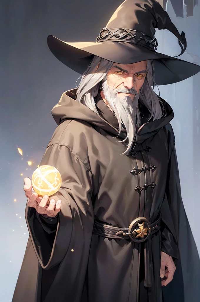 (masterpiece; best quality: 1.2), (finely detailed eyes: 1.3), ((70 year old man)), ((solo)), (yellow eyes: 1.4), (body; attractive, lean, mature: 1.3), (long gray hair + beard: 1.3), (beautiful and clear background: 1.2), ((depth of field)), (equipment: traveler mage dark robe + dark pointed hat + dark cloak: 1.3), (anime illustration: 1.2), (background composition; palace garden exterior: 1.1), (extremely fine and handsome: 1.1), (shot composition; standing + centered on torso + close-up: 1.5), (expression; calm, smile: 1.2)