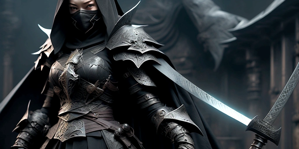 ninja mask, cape,close up, black heavy detailed clothes, katana, art, dark and malevolent, hand sword, armor, powerful and intimidating, (masterpiece, best quality, ultra-detailed, best shadow), (detailed background, dark fantasy) dramatic light, intricate details, dark and malevolent, powerful and intimidating, Dark and foreboding, malevolent force, sinister and chilling, armor, high detailed background, girl in demon slayer art, demon slayer art style, epic anime art, God death