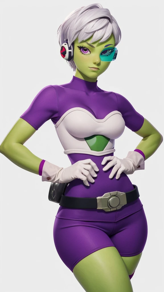 (1girl, solo, masterpiece, 4k,  best quality:1.2, (cowboy shot), best quality:1.2, NICE HANDS, COLORFUL, (perfect hands, perfect anatomy)), 
cheelai, ((green skin)), purple bodysuit, short sleeves, purple shorts, belt, armor, white gloves, tinted eyewear, high stocking, 
((medium breasts, big hips, looking at the viewer)), 
((simple background, white background)), 