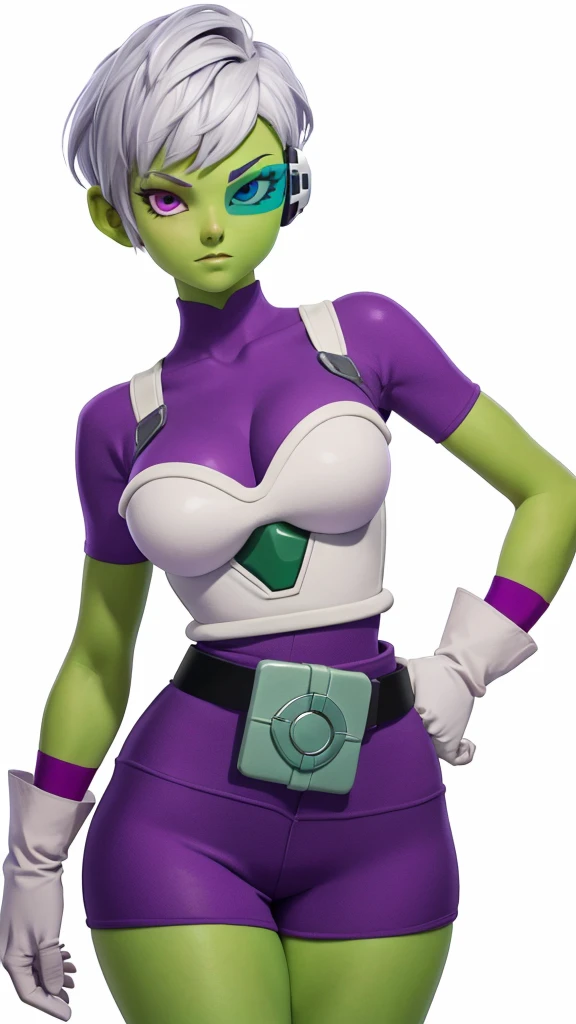 (1girl, solo, masterpiece, 4k,  best quality:1.2, (cowboy shot), best quality:1.2, NICE HANDS, COLORFUL, (perfect hands, perfect anatomy)), 
cheelai, ((green skin)), purple bodysuit, short sleeves, purple shorts, belt, armor, white gloves, tinted eyewear, high stocking, 
((medium breasts, big hips, looking at the viewer)), 
((simple background, white background)), 