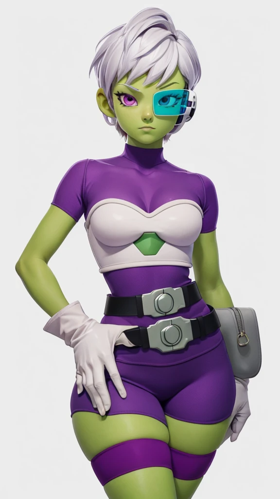 (1girl, solo, masterpiece, 4k,  best quality:1.2, (cowboy shot), best quality:1.2, NICE HANDS, COLORFUL, (perfect hands, perfect anatomy)), 
cheelai, ((green skin)), purple bodysuit, short sleeves, purple shorts, belt, armor, white gloves, tinted eyewear, high stocking, 
((medium breasts, big hips, looking at the viewer)), 
((simple background, white background)), 