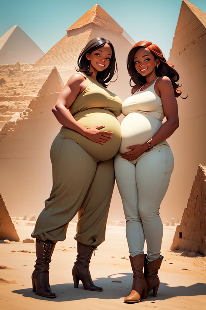 two pregnant women standing in front of the great pyramids, in khaki tan pants, boots