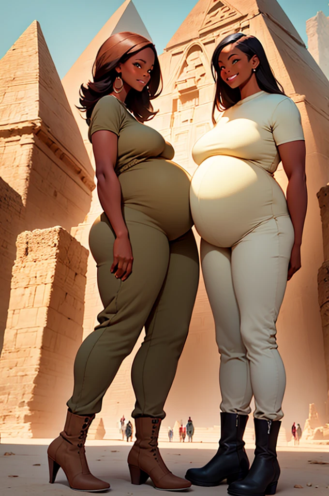 two pregnant women standing in front of the great pyramids, in khaki tan pants, boots