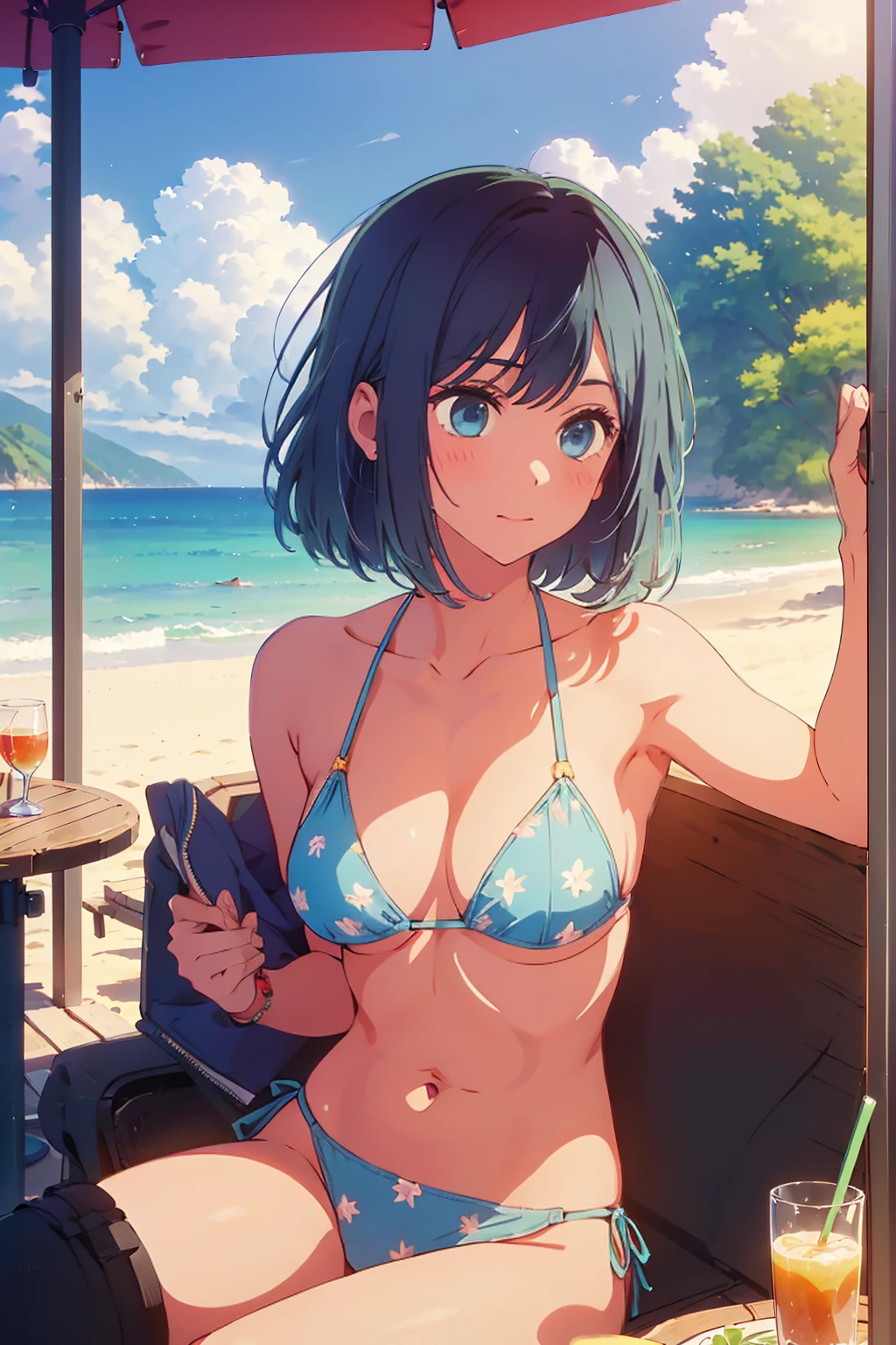 (Highest quality:1.4、masterpiece:1.4、Super detailed:1.4、8K:1.4)、((((1 person、Surprised expression、sit、Outdoor café terrace、coastal、juice、table、Sandy Beach、juiceのグラスを持つ、Plain Bikini、The depth of the written world、Very soft boobs、Big eyes、Very cute face))))、F cup bust、Medium breast、Underboob、Sideboob