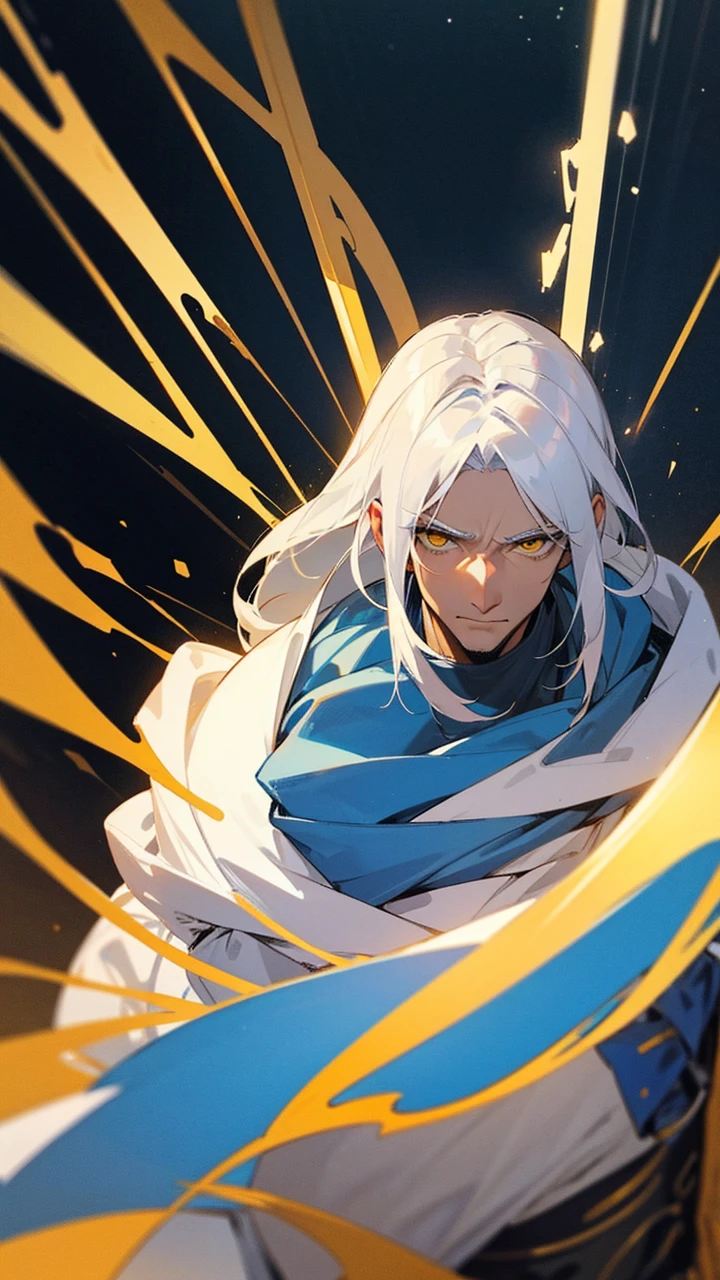 Draw a 47-year-old man of Arab origin with white hair and yellow eyes, light skin., He wears a blue and white Greek king's outfit from the year 1500. He has a staff with a gold fox inlaid on it as well as an anime-style ruby necklace. Draw him riding a camel.