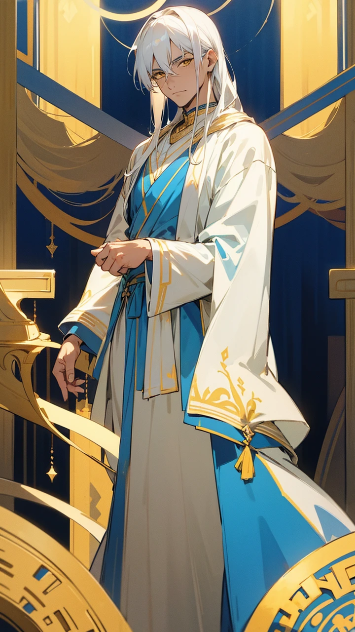 Draw a 47-year-old man of Arab origin with white hair and yellow eyes, light skin., He wears a blue and white Greek king&#39;s outfit from the year 1500. He has a staff with a gold fox inlaid on it as well as an anime-style ruby necklace. Draw him riding a camel.