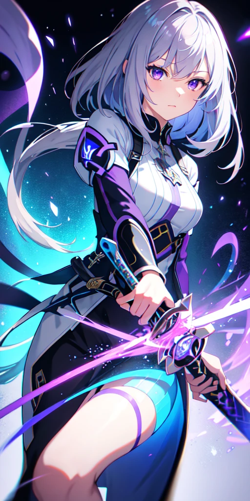 colorful, One girl, Gray Hair, Purple eyes, Two-Way, sword, holding sword, Blue Flame, shine, shineing weapon, Particles of light, wallpaper, chromatic aberration,