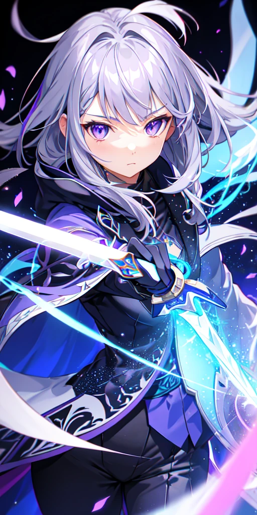 colorful, One girl, Gray Hair, Purple eyes, Two-Way, sword, holding sword, Blue Flame, shine, shineing weapon, Particles of light, wallpaper, chromatic aberration,