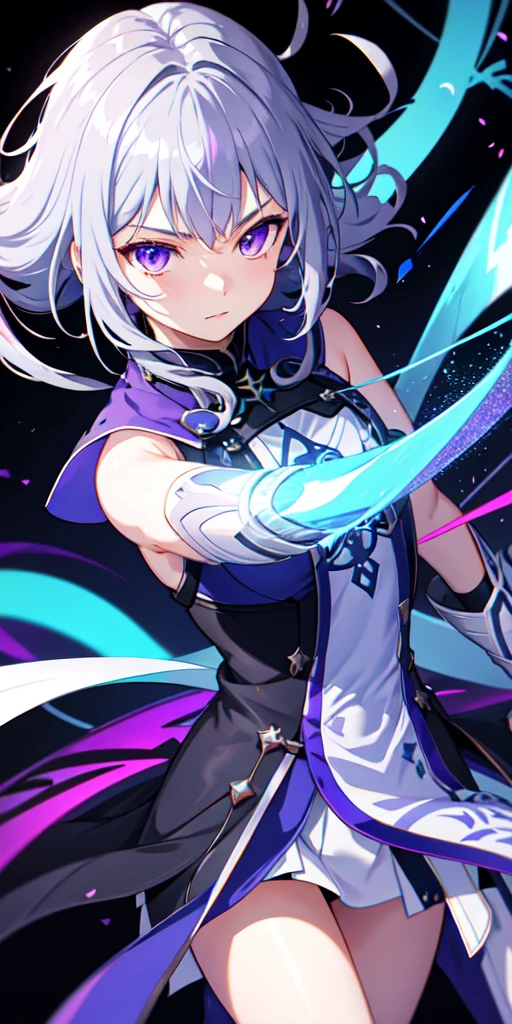 colorful, One girl, Gray Hair, Purple eyes, Two-Way, sword, holding sword, Blue Flame, shine, shineing weapon, Particles of light, wallpaper, chromatic aberration,