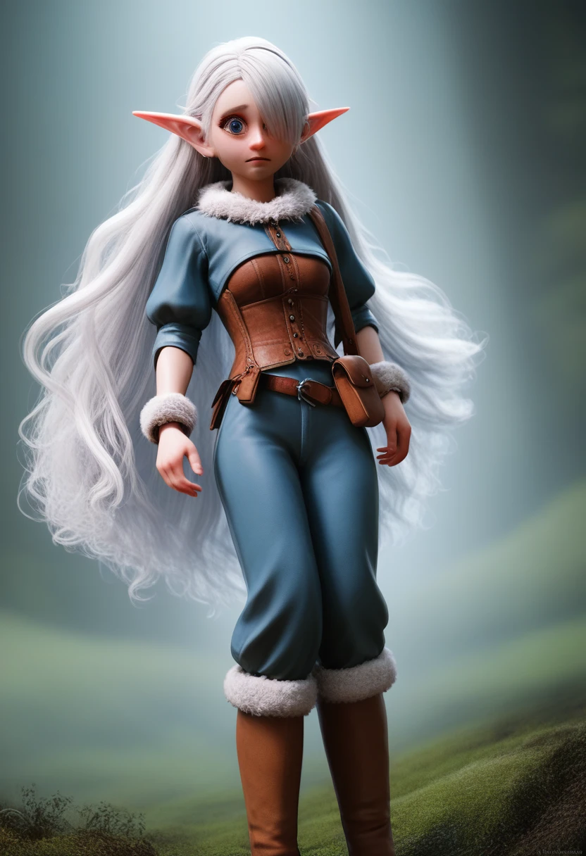 a small girl with pale skin, very long wavy silver hair covering one eye, bright blue anime-style eyes with long lashes, wearing a corset, white puffy long sleeved shirt, and puffy cloth pants, leather bound boots, set in a windy fantasy landscape, (best quality, 4k, 8k, highres, masterpiece :1.2),ultra-detailed,dungeons and dragons, long elf ears, detailed skin and cloth textures, cute detailed face,intricate details,extremely detailed,1girl,dynamic pose with hair covering one eye, shy personality, puffy cloth pants with leather belt, detailed privateer outfit, detailed buccaneer outfit, pouch on belt, wearing ornate leather armor with fur trim, silver inlay detail, wearing fur trimmed boots, wearing fur trimmed gloves, short, short height, halfing girl, small girl, very long detailed flowing hair, big head, big round eyes, windy, wind blown hair,bwirey muscles, fighter, dynamic angle, kineticist, pathfinder, pathfinder kineticist, wind kineticist