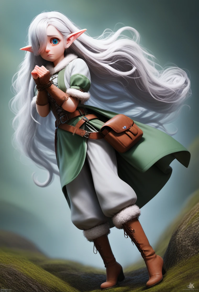 a  girl with pale skin, very long wavy silver hair covering one eye, bright blue anime-style eyes with long lashes, wearing a corset, white puffy long sleeved shirt, and puffy cloth pants, leather bound boots, set in a windy fantasy landscape, (best quality, 4k, 8k, highres, masterpiece :1.2),ultra-detailed,dungeons and dragons, long elf ears, detailed skin and cloth textures, cute detailed face,intricate details,extremely detailed,1girl,dynamic pose with hair covering one eye, shy personality, puffy cloth pants with leather belt, detailed privateer outfit, detailed buccaneer outfit, pouch on belt, wearing ornate leather armor with fur trim, silver inlay detail, wearing fur trimmed boots, wearing fur trimmed gloves, short, short height, halfing girl, small, very long detailed flowing hair, big head, big round eyes, windy, wind blown hair,bwirey muscles, fighter, dynamic angle, kineticist, pathfinder, pathfinder kineticist, wind kineticist