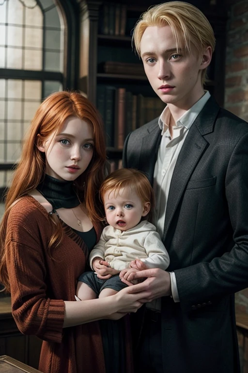 Elena Weasley redhead girl next to Draco Malfoy blonde boy with a baby