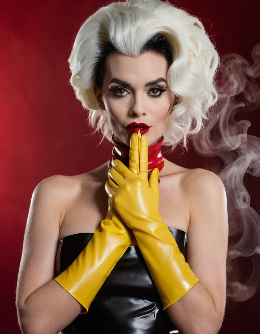 Cruella. A very magnificent hairstyle. A naked model in a long latex butcher's apron. Hands in yellow gloves on face. An elegant pose. Red, thick smoke in the background.