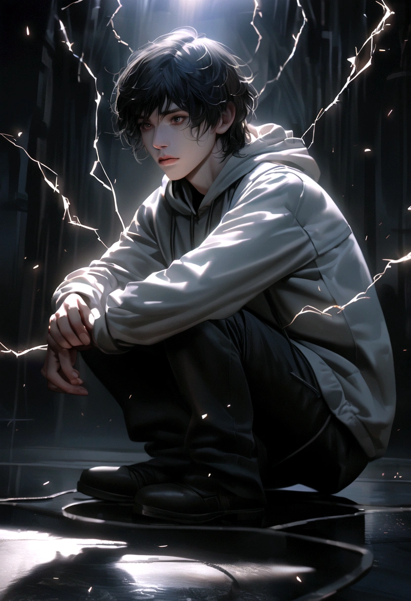 Imagine a young man with long black hair wearing a black and white hoodie, sitting in a dark room with a gloomy and moody atmosphere. His expression is downcast as he looks at the floor, with arcs of electricity crossing his body, standing out against the darkness. The lighting is cinematic, creating a chiaroscuro effect with intricate details. The image is highly detailed and photorealistic, with an 8k quality, reminiscent of award-winning photography. The young man's detailed facial expression adds to the dramatic tone of the scene