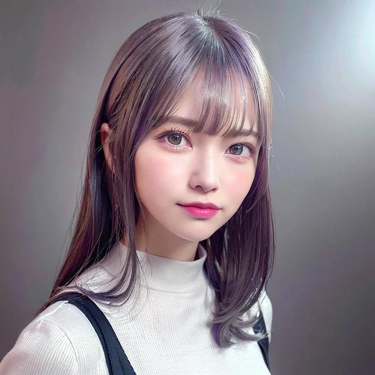 One girl,Beautiful vintage colors, Instagram (photoRealistic, High resolution:1.4), ((Puffy eyes)), View your viewers, , whole body (8K, RAW Photos, Highest quality, masterpiece:1.2), (Realistic, photo-Realistic:1.37),(Sharp focus:1.2), Professional Lighting, Photon Mapping, Radio City, Physically Based Rendering, (Pale skin:1.2),(Small breasts:1.2), View your viewers, (Mid-length hair:1.5), Portraiture, Purple eyes, (Silver Hair:1.1),bangs, (Simple Background:1.4), alone, Upper Body, Realistic,(masterpiece:1.4),(Highest quality:1.4),(Shiny skin),Fashionable Girl,compensate,smile(skinny,Mouth closed,shy :1.3) ,(Are standing,Wearing a button-down collared shirt,wide leg black trousers,thin frame glasses,necklace,cap