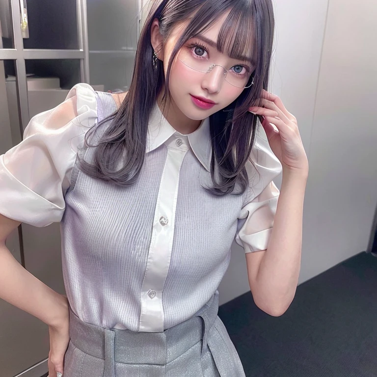 One girl,Beautiful vintage colors, Instagram (photoRealistic, High resolution:1.4), ((Puffy eyes)), View your viewers, , whole body (8K, RAW Photos, Highest quality, masterpiece:1.2), (Realistic, photo-Realistic:1.37),(Sharp focus:1.2), Professional Lighting, Photon Mapping, Radio City, Physically Based Rendering, (Pale skin:1.2),(Small breasts:1.2), View your viewers, (Mid-length hair:1.5), Portraiture, Purple eyes, (Silver Hair:1.1),bangs, (Simple Background:1.4), alone, Upper Body, Realistic,(masterpiece:1.4),(Highest quality:1.4),(Shiny skin),Fashionable Girl,compensate,smile(skinny,Mouth closed,shy :1.3) ,(Are standing,Wearing a button-down collared shirt,wide leg black trousers,thin frame glasses,necklace,cap