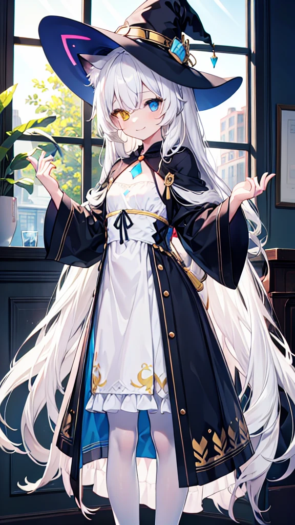 White hair,Cat ear(In the hat),Long hair,Heterochromia(Left blue right yellow),Smile,Female face,There are bright spots in the eyes,Female hands,White little hands,Normal fingers,flat chest,Witch costume,White pantyhose,In the room