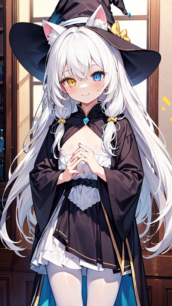 White hair,Cat ear(In the hat),Long hair,Heterochromia(Left blue right yellow),Smile,Female face,There are bright spots in the eyes,Female hands,White little hands,Normal fingers,flat chest,Witch costume,White pantyhose,In the room