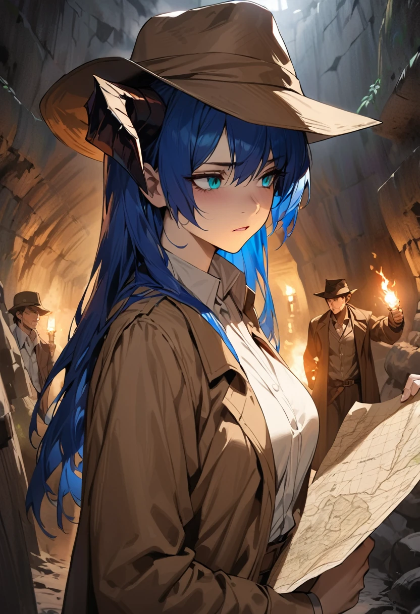 ((adult)), (woman), ((tall)), ((Mostima from arknights)) , masterpiece, best quality, ((Bluer hair long)), horns, plain white shirt, brown coat, holding a map and a torch, indiana jones outfit, hat, (worried face), realistic anime style, inside of a catacomb.
