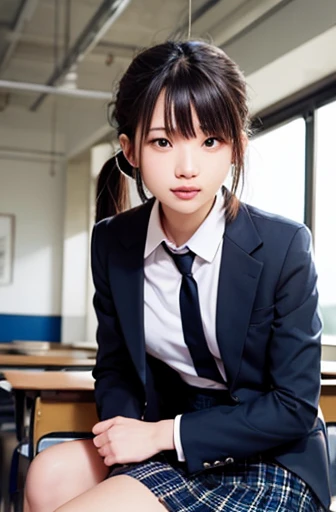 (top-quality、masterpiece:1.2)、Best Quality、realisitic、photoshot、hight resolution、1080p、8K、Textured skin、Physical Rendering、1 Japan Girls、a junior high school student、kawaii、Young Face、Rolled hair、(Suits minititeskirt:1.5)、Sit at the classroom、full of shyness、smil、Big、singleeyes,ponytail,