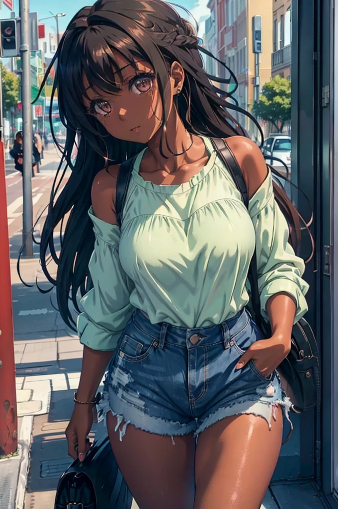 Mio Naruse, A black woman with dark eyes with dark brown box braids in denim shorts and a green blouse in a square