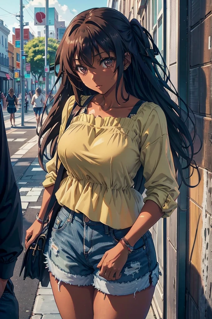 Mio Naruse, A black woman with dark eyes with dark brown box braids in denim shorts and a green blouse in a square