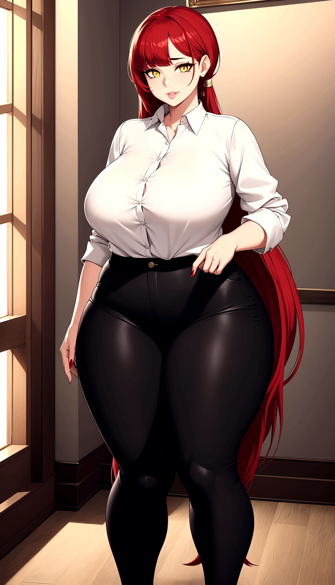 ((high aesthetic)), art by kipteitei, absurdres, absurd resolution, highly rated, highres, high resolution, best quality, masterpiece, full body, (facing viewer), 1girl, ((solo)), indoors, clothed, perfect face, perfect eyes, neneneji, tight outfit, smile, natural skin texture, 4k textures, hdr, intricate, highly detailed, puffy lips, thick lips, hyperdetailed, mature female, red hair, long hair, pony tail, bangs, parted bangs, yellow eyes, white button up shirt, black pants, skinny