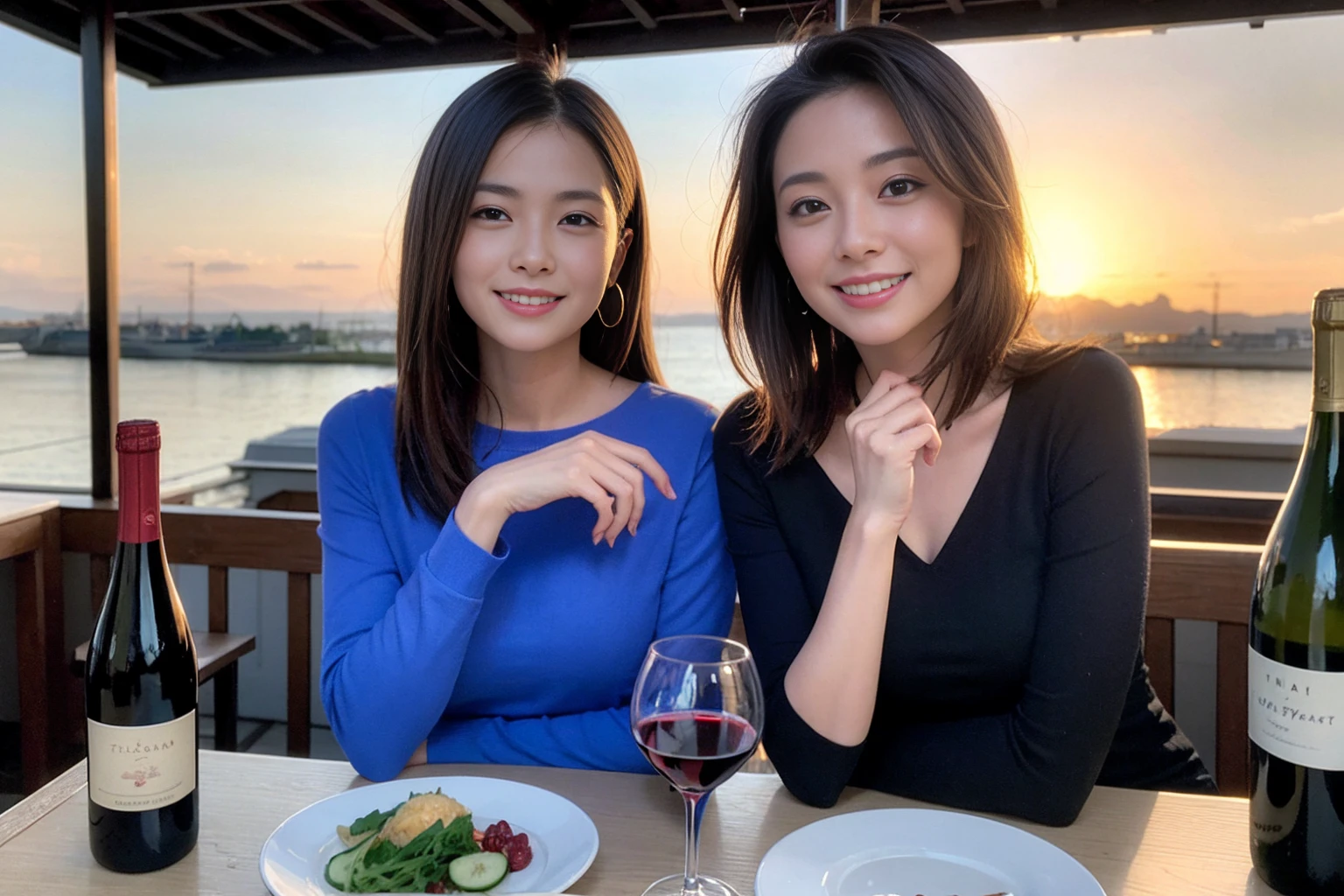 ((Highest quality、、masterpiece:1.3))、1 male、1 female、42 years old 39 years old、Slim Beauty、Beautiful couple、Upper Body、smile、 (Slim face), (the body is スリム), (Brown Hair), (Shortcuts), テーブルのフルコースディナーとwine glass、Amazing view of the sunset sky and clouds、smileの美しさ、Wine bottle、sparkling wine、Long sleeve shirt、dress、White wine, red wine, wine glass, Beautiful fine grain, Depth f/2,saturation, High Contrast, Strong light and shadow,Moist Body:1.5、3D texture、The hair is very shiny、