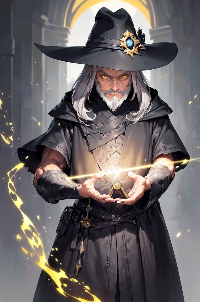 (masterpiece; best quality: 1.2), (finely detailed eyes: 1.3), ((70 year old man)), ((solo)), (yellow eyes: 1.4), (body; attractive, lean, mature: 1.3), (long gray hair + beard: 1.3), (beautiful and clear background: 1.2), ((depth of field)), (equipment: traveler mage dark robe + dark pointed hat + dark cloak: 1.3), (anime illustration: 1.2), (background composition; palace garden exterior: 1.1), (extremely fine and handsome: 1.1), (shot composition; standing + centered on torso + close-up: 1.5), (expression; calm, smile: 1.2)