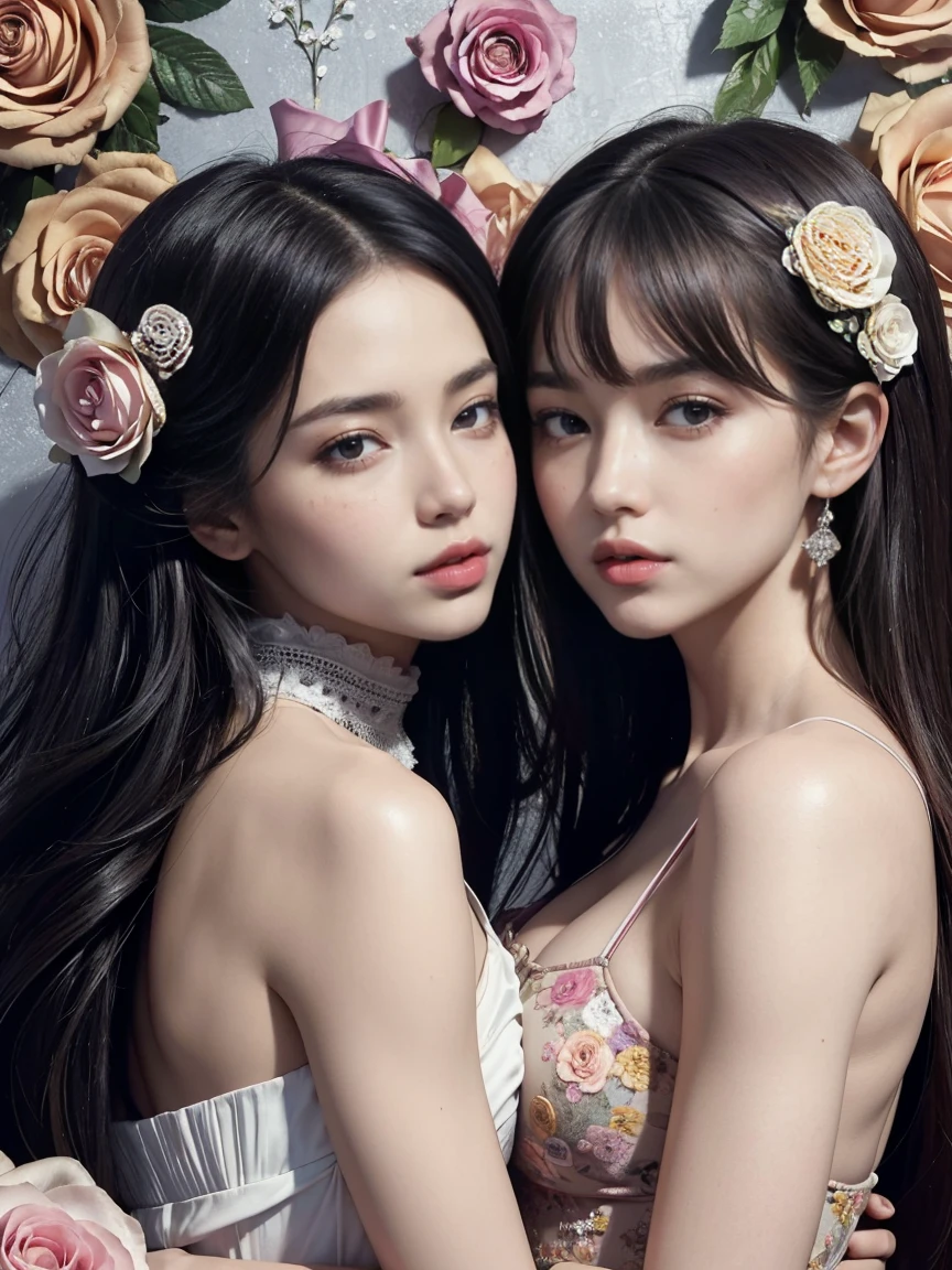 (masterpiece, highest quality, highest quality, official art, beauty and aesthetic: 1.2), perfect anatomy, (two girls is deeply in love with each other, kiss: 1.3), very detailed, (fractal art: 1.1), (color: 1.1) (flowers: 1.3), most detailed,