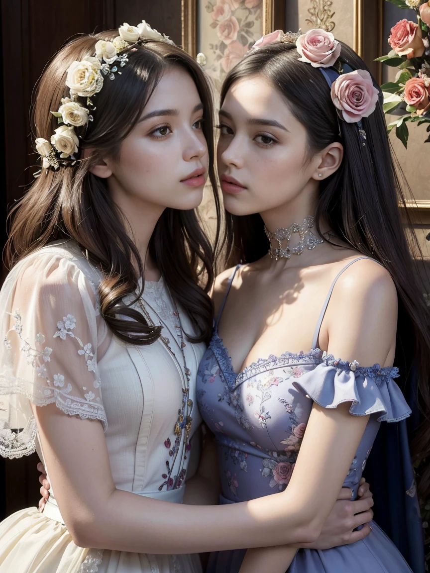 (masterpiece, highest quality, highest quality, official art, beauty and aesthetic: 1.2), perfect anatomy, (two girls is deeply in love with each other, kiss: 1.3), very detailed, (fractal art: 1.1), (color: 1.1) (flowers: 1.3), most detailed,