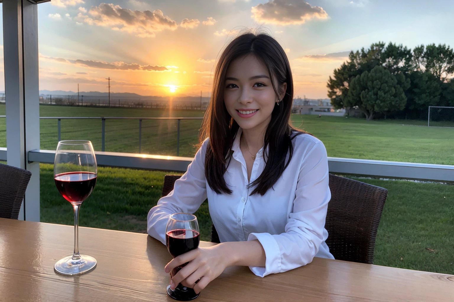 length (lengthueur de la taille:1.2) Highest quality, High resolution, ASİAN,((Highest quality、8K、masterpiece:1.3))、1名woman1名 18 years old、(Brown Hair), (Shortcuts), Slim Beauty、Beautiful couple、Full Body、smile、smile、woman、young、Shining Eyes、Big eyes、beauty、beautiful、Transparent Black、Camisole、 (Slim face), (the body is スリム), Full course dinner on table and wine glass、Amazing view of the sunset sky and clouds、Smile Beauty、Wine bottle、sparkling wine、Long sleeve shirt、dress、White wine, red wine, wine glass, Beautiful fine grain, Depth f/2,saturation, High Contrast, Strong light and shadow,Moist Body:1.5、 texture、The hair is very shiny、
