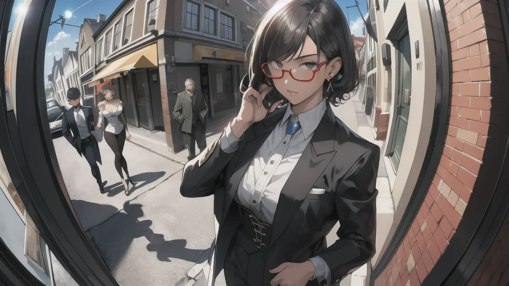 masterpiece,Highest quality,(1 person:1.3), Age 25,short hair,Colored hints,Curly Hair,Tinted Glasses,Earrings,gun,tie,topless,corset,Mafia Style,handcuffs,Wrap coat,street,From above,(Dutch Angle, Fisheye Lens),Lens flare,Depth of written boundary