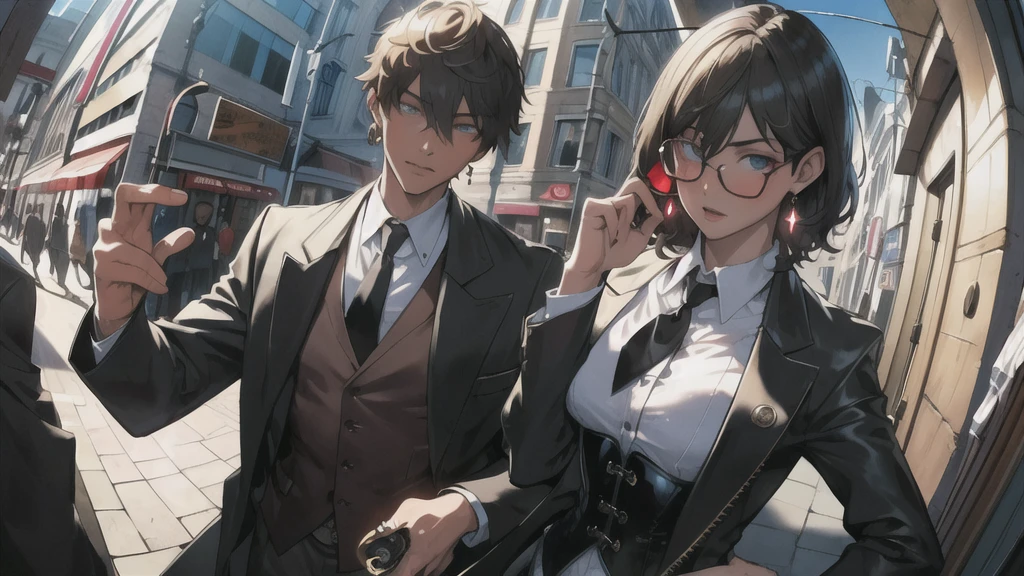 masterpiece,Highest quality,(1 person:1.3), Age 25,short hair,Colored hints,Curly Hair,Tinted Glasses,Earrings,gun,tie,topless,corset,Mafia Style,handcuffs,Wrap coat,street,From above,(Dutch Angle, Fisheye Lens),Lens flare,Depth of written boundary