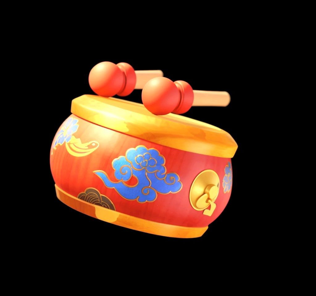 一个中国drum，There are two wooden sticks on it, Object Art, Musical Instruments, 3d icons for mobile games, video game item, Role Playing Game Items render, drum, Inspired by Pu Hua, 3d游戏对象, 手drum, detailed picture, Role Playing Game Items, official art works, 3d，Ultra Detailed，HD，8K